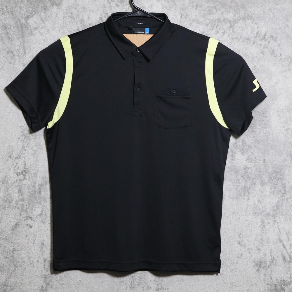 J.Lindeberg Polo Shirt Mens XXL Black Yellow Dolph Slim TX Jersey Preppy Golf